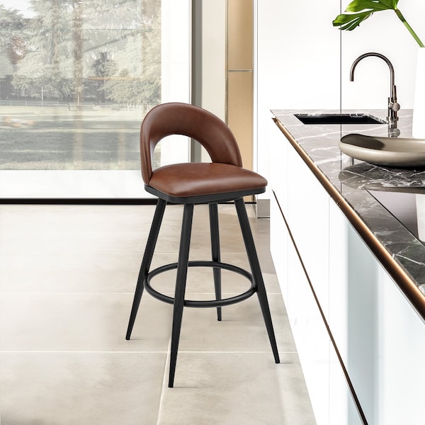 Armen Living Lottech Swivel Bar Stool in Black Metal with Brown Faux Leather - 840254335394