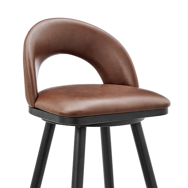 Armen Living Lottech Swivel Bar Stool in Black Metal with Brown Faux Leather - 840254335394