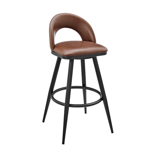 Armen Living Lottech Swivel Bar Stool in Black Metal with Brown Faux Leather - 840254335394