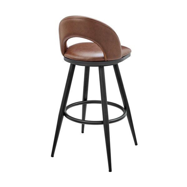 Armen Living Lottech Swivel Bar Stool in Black Metal with Brown Faux Leather - 840254335394