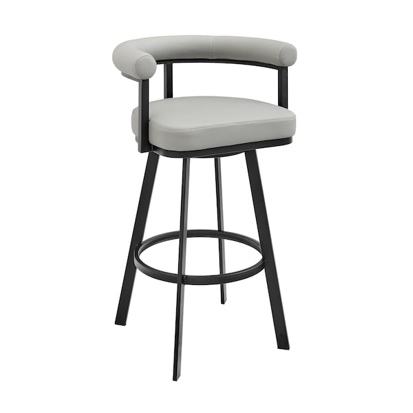 Armen Living Nolagam Swivel Bar Stool in Black Metal with Light Gray Faux Leather - 840254335646