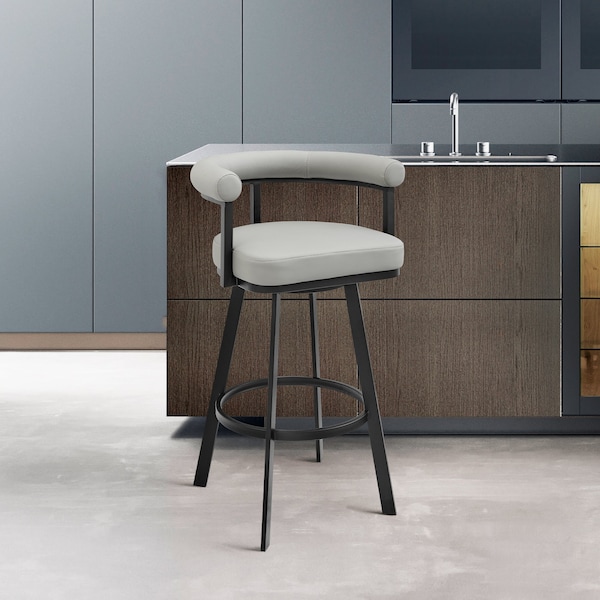 Armen Living Nolagam Swivel Bar Stool in Black Metal with Light Gray Faux Leather - 840254335646