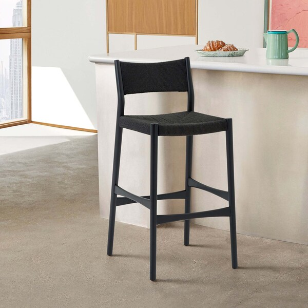 Armen Living Erie Black Woven Paper Cord and Wood Bar Stool - LCERBABLK30