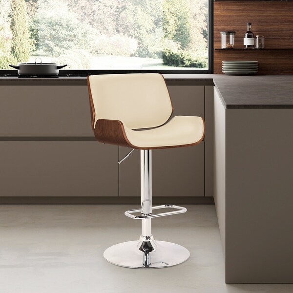 Armen Living London Cream Faux Leather Adjustable Height Swivel Walnut Wood and Chrome Bar Stool - LCLOSWBACRWA