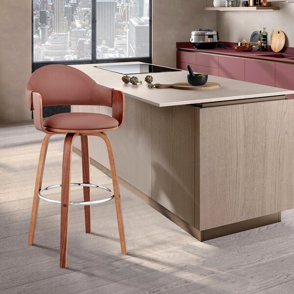 Armen Living Daxton 26" Brown Faux Leather and Walnut Wood Bar Stool - LCDXBAWABR26