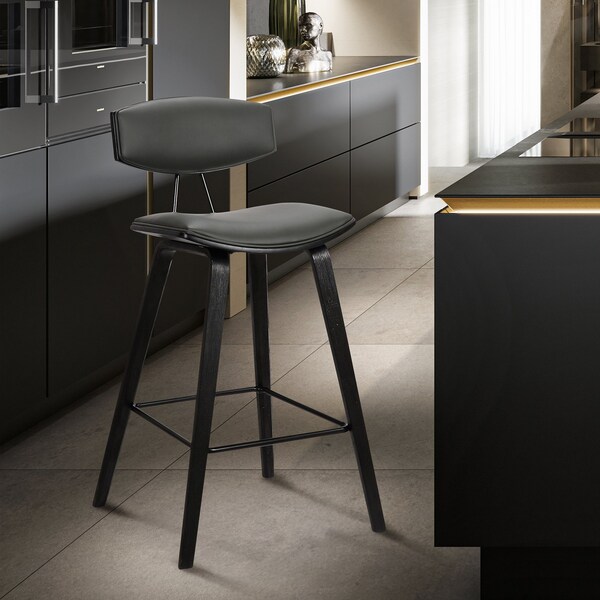 Armen Living Fox 28.5" Bar Height Gray Faux Leather and Black Wood Mid-Century Modern Bar Stool - LCFOBABLGR30