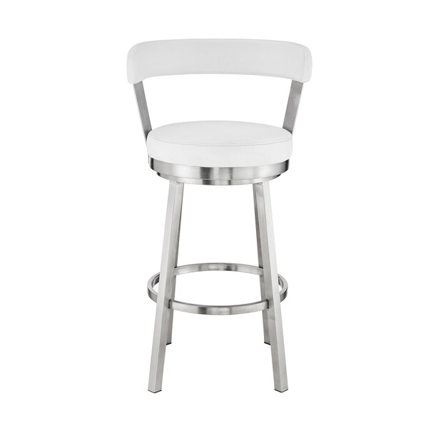 Armen Living Kobe 30" Bar Height Swivel Bar Stool in Brushed Stainless Steel Finish and White Faux Leather - 721535761838