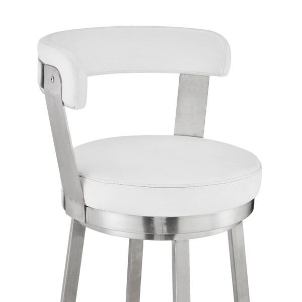 Armen Living Kobe 30" Bar Height Swivel Bar Stool in Brushed Stainless Steel Finish and White Faux Leather - 721535761838