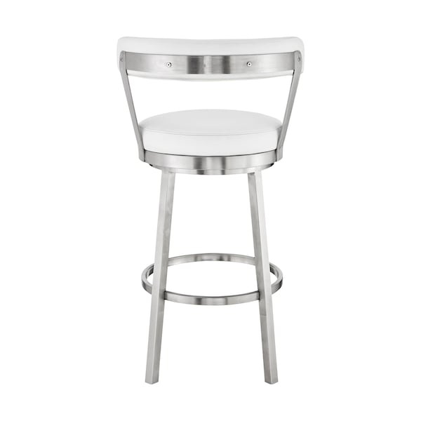 Armen Living Kobe 30" Bar Height Swivel Bar Stool in Brushed Stainless Steel Finish and White Faux Leather - 721535761838