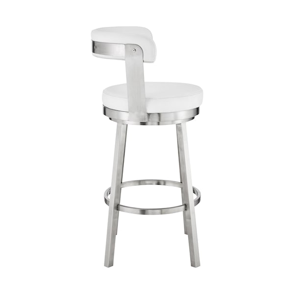 Armen Living Kobe 30" Bar Height Swivel Bar Stool in Brushed Stainless Steel Finish and White Faux Leather - 721535761838