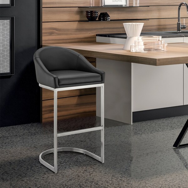 Armen Living Atherik Bar Stool in Brushed Stainless Steel with Black Faux Leather - 840254335813