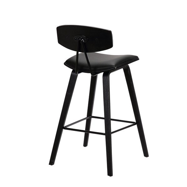 Armen Living Fox 28.5" Bar Height Black Faux Leather and Black Wood Mid-Century Modern Bar Stool - LCFOBABLBL30