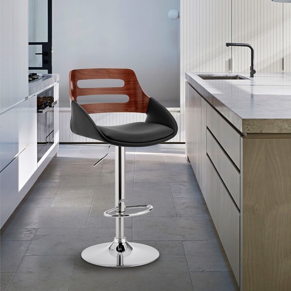 Armen Living Karter Adjustable Black Faux Leather and Walnut Wood Bar Stool with Chrome Base - LCKTBAWABL