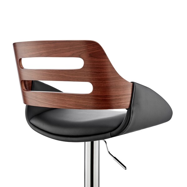 Armen Living Karter Adjustable Black Faux Leather and Walnut Wood Bar Stool with Chrome Base - LCKTBAWABL
