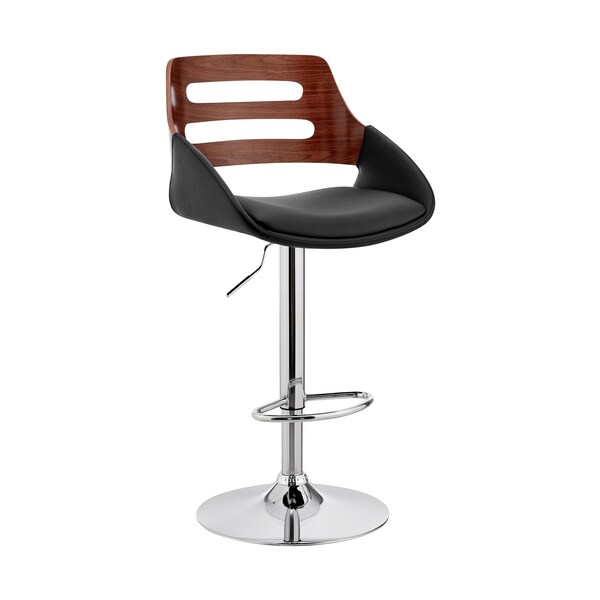 Armen Living Karter Adjustable Black Faux Leather and Walnut Wood Bar Stool with Chrome Base - LCKTBAWABL