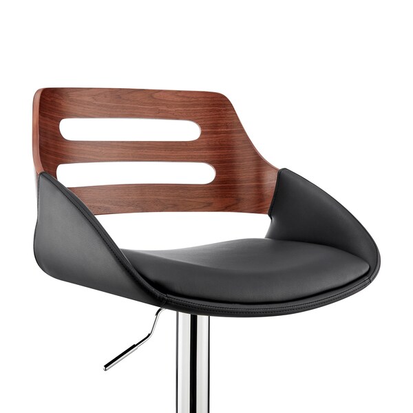 Armen Living Karter Adjustable Black Faux Leather and Walnut Wood Bar Stool with Chrome Base - LCKTBAWABL