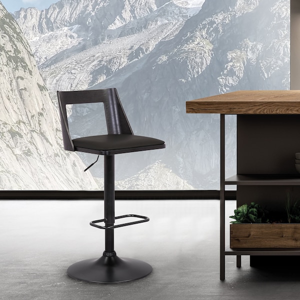 Armen Living Milan Adjustable Swivel Black Faux Leather and Black Wood Bar Stool with Black Base - LCMLBABLBL