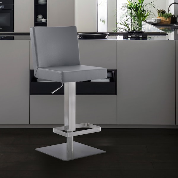Armen Living Legacy Adjustable Height Swivel Gray Faux Leather and Brushed Stainless Steel Bar Stool - LCLGSWBABSGR