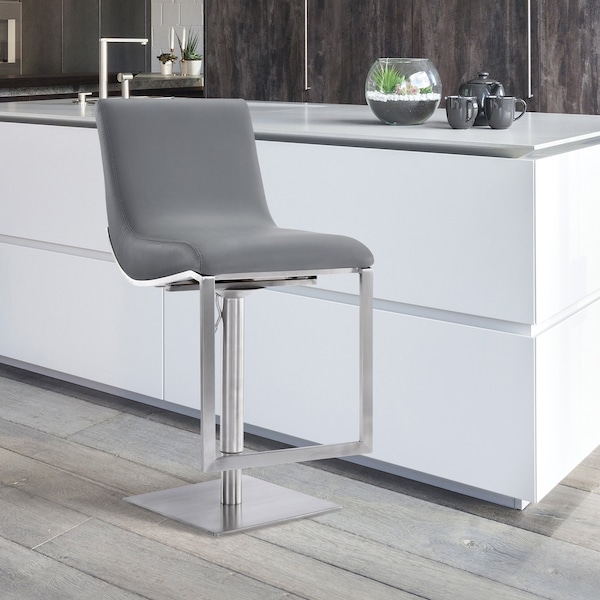 Armen Living Victory Contemporary Swivel Barstool in Brushed Stainless Steel and Gray Faux Leather - LCVCSWBABSGR