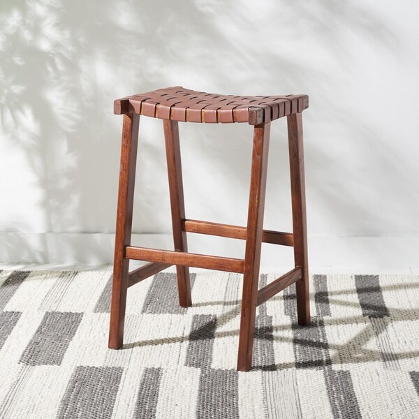 Safavieh 20 x 18.5 x 30 in. Abreu Rectangle Barstool with Cognac Leather & Walnut Wood - BST1012H