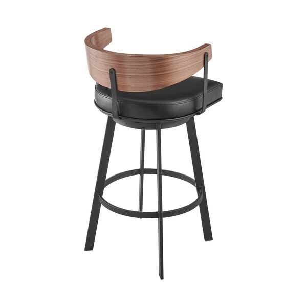Armen Living Lacey 30in Swivel Bar Stool in Black Iron with Walnut Finish and Vintage Black Faux Leather - LCLABABLKWA30