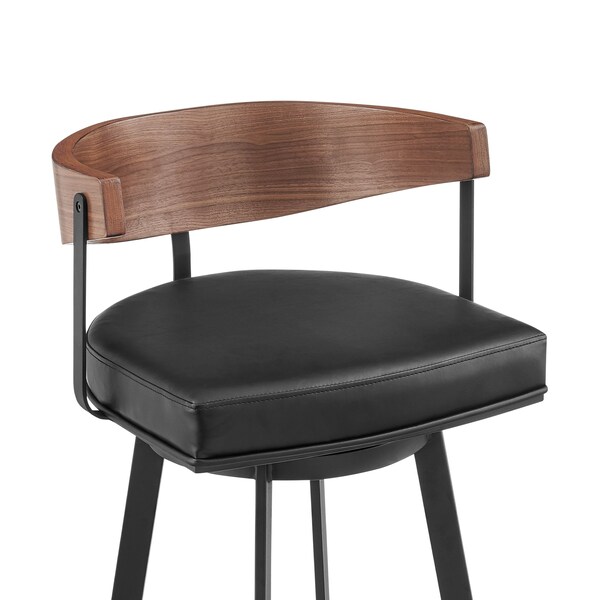 Armen Living Lacey 30in Swivel Bar Stool in Black Iron with Walnut Finish and Vintage Black Faux Leather - LCLABABLKWA30