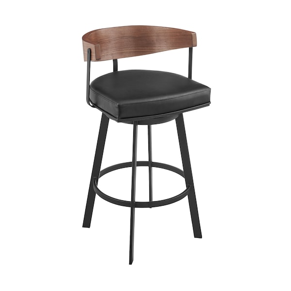 Armen Living Lacey 30in Swivel Bar Stool in Black Iron with Walnut Finish and Vintage Black Faux Leather - LCLABABLKWA30