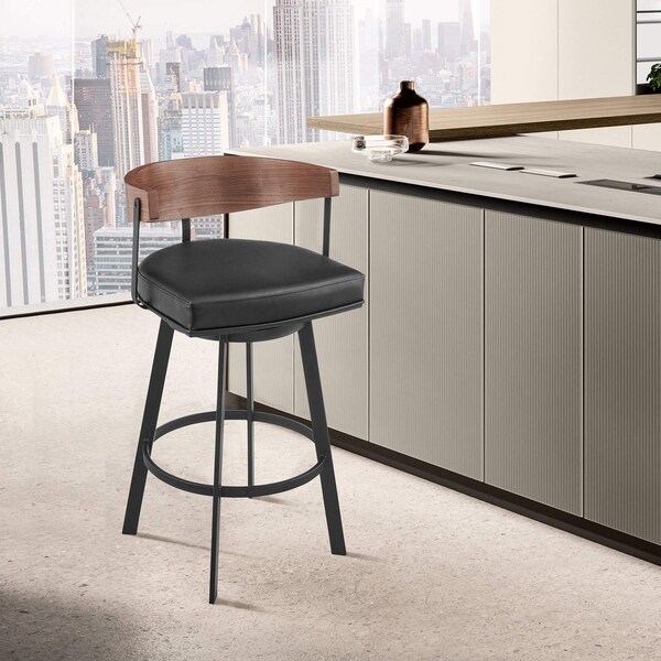Armen Living Lacey 30in Swivel Bar Stool in Black Iron with Walnut Finish and Vintage Black Faux Leather - LCLABABLKWA30