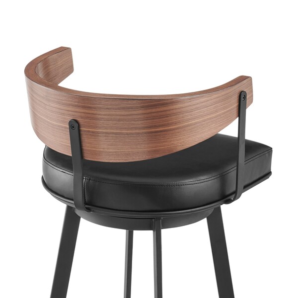 Armen Living Lacey 30in Swivel Bar Stool in Black Iron with Walnut Finish and Vintage Black Faux Leather - LCLABABLKWA30