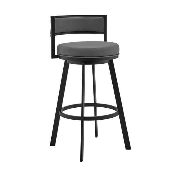 Armen Living Roman 26" Gray Faux Leather and Black Metal Swivel Bar Stool - LCRMBABLGR26