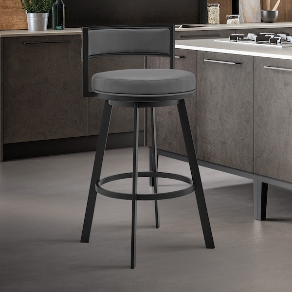 Armen Living Roman 26" Gray Faux Leather and Black Metal Swivel Bar Stool - LCRMBABLGR26