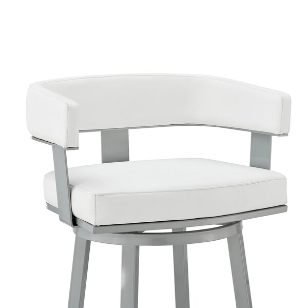 Armen Living Lorin 30" Bar Height Swivel Bar Stool in Silver Finish with White Faux Leather - LCLRBASLWH30