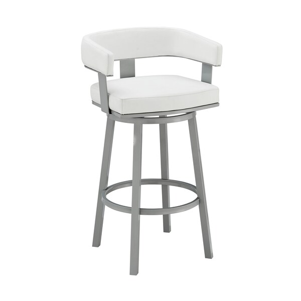 Armen Living Lorin 30" Bar Height Swivel Bar Stool in Silver Finish with White Faux Leather - LCLRBASLWH30