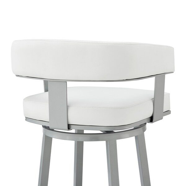 Armen Living Lorin 30" Bar Height Swivel Bar Stool in Silver Finish with White Faux Leather - LCLRBASLWH30