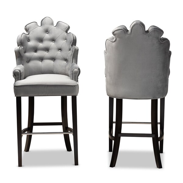 Baxton Studio Chloe Modern and Contemporary Dark Grey Velvet and Dark Brown Finished Wood 2-Piece Bar Stool Set - 181-11007-ZORO