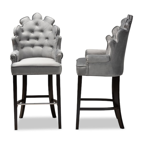 Baxton Studio Chloe Modern and Contemporary Dark Grey Velvet and Dark Brown Finished Wood 2-Piece Bar Stool Set - 181-11007-ZORO
