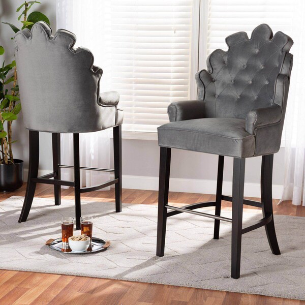 Baxton Studio Chloe Modern and Contemporary Dark Grey Velvet and Dark Brown Finished Wood 2-Piece Bar Stool Set - 181-11007-ZORO