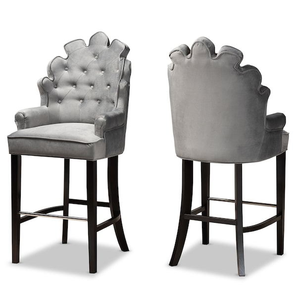 Baxton Studio Chloe Modern and Contemporary Dark Grey Velvet and Dark Brown Finished Wood 2-Piece Bar Stool Set - 181-11007-ZORO