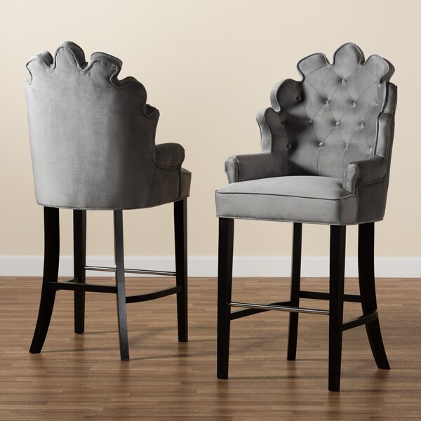 Baxton Studio Chloe Modern and Contemporary Dark Grey Velvet and Dark Brown Finished Wood 2-Piece Bar Stool Set - 181-11007-ZORO