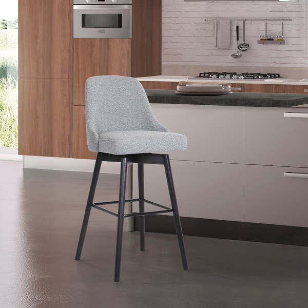 Armen Living Sicily 30" Swivel Black Wood Bar Stool in Light Gray Fabric - LCSIBABLKGRYF30