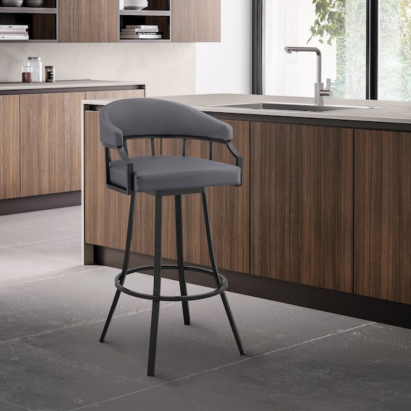 Armen Living Palmdale 30" Swivel Slate Gray Faux Leather and Black Metal Bar Stool - 795044878202
