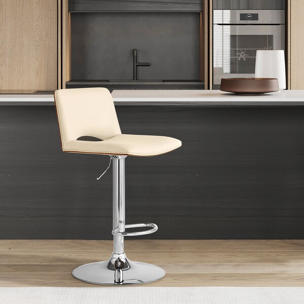 Armen Living Thierry Adjustable Swivel Cream Faux Leather with Walnut Back and Chrome Bar Stool - LCTHBAWACR