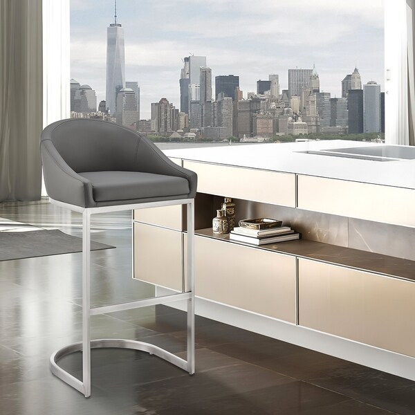 Armen Living Katherine 30in Bar Stool in Brushed Stainless Steel with Gray Faux Leather - LCKABABSGRY30