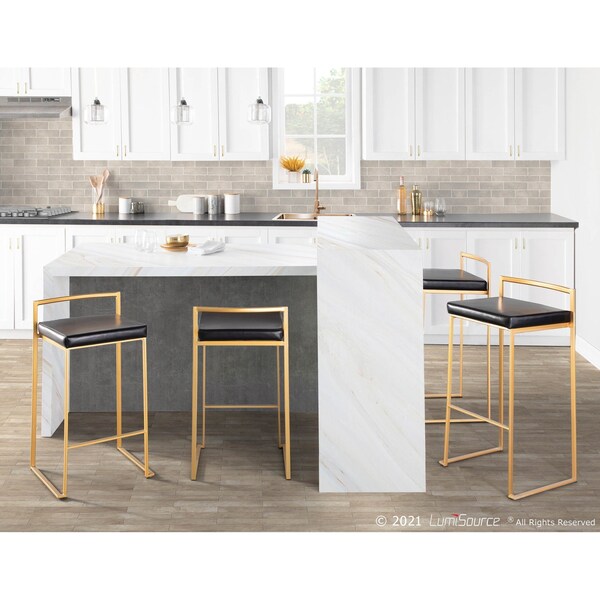 Lumisource Fuji Barstool in Gold with Black Faux Leather, PK 2 - BS-FUJI AU+BK2