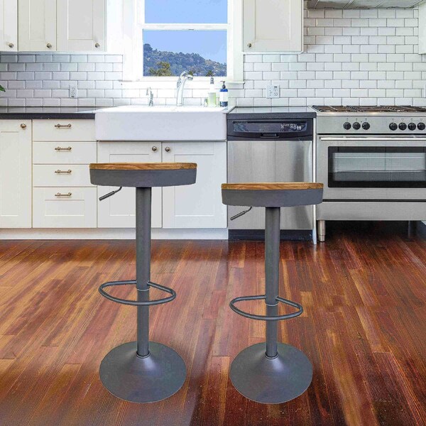 Amerihome Round Adjustable Height Bar Stools with Wood Seat - Natural Stain - BSWTSWTN
