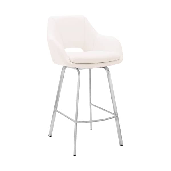 Armen Living Aura White Faux Leather and Brushed Stainless Steel Swivel 30" Bar Stool - LCAUBABSWH30