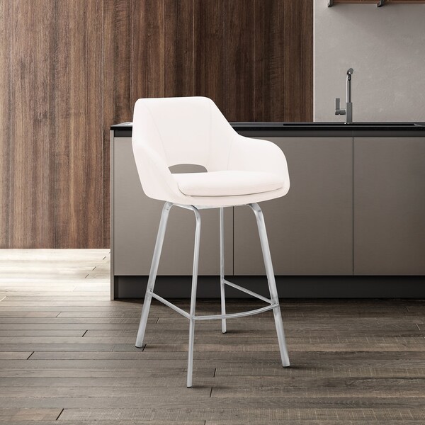 Armen Living Aura White Faux Leather and Brushed Stainless Steel Swivel 30" Bar Stool - LCAUBABSWH30