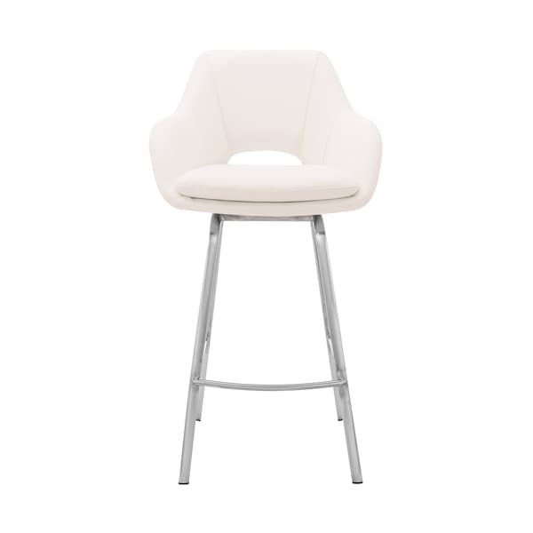 Armen Living Aura White Faux Leather and Brushed Stainless Steel Swivel 30" Bar Stool - LCAUBABSWH30