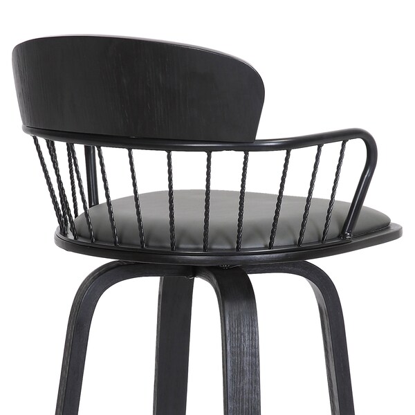Armen Living Willow 30" Swivel Black Wood Bar Stool in Gray Faux Leather with Black Metal - LCWIBABLKGRY30
