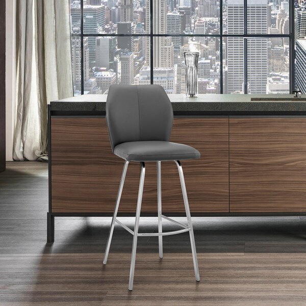 Armen Living Tandy Gray Faux Leather and Brushed Stainless Steel 30" Bar Stool - LCTNBABSGR30